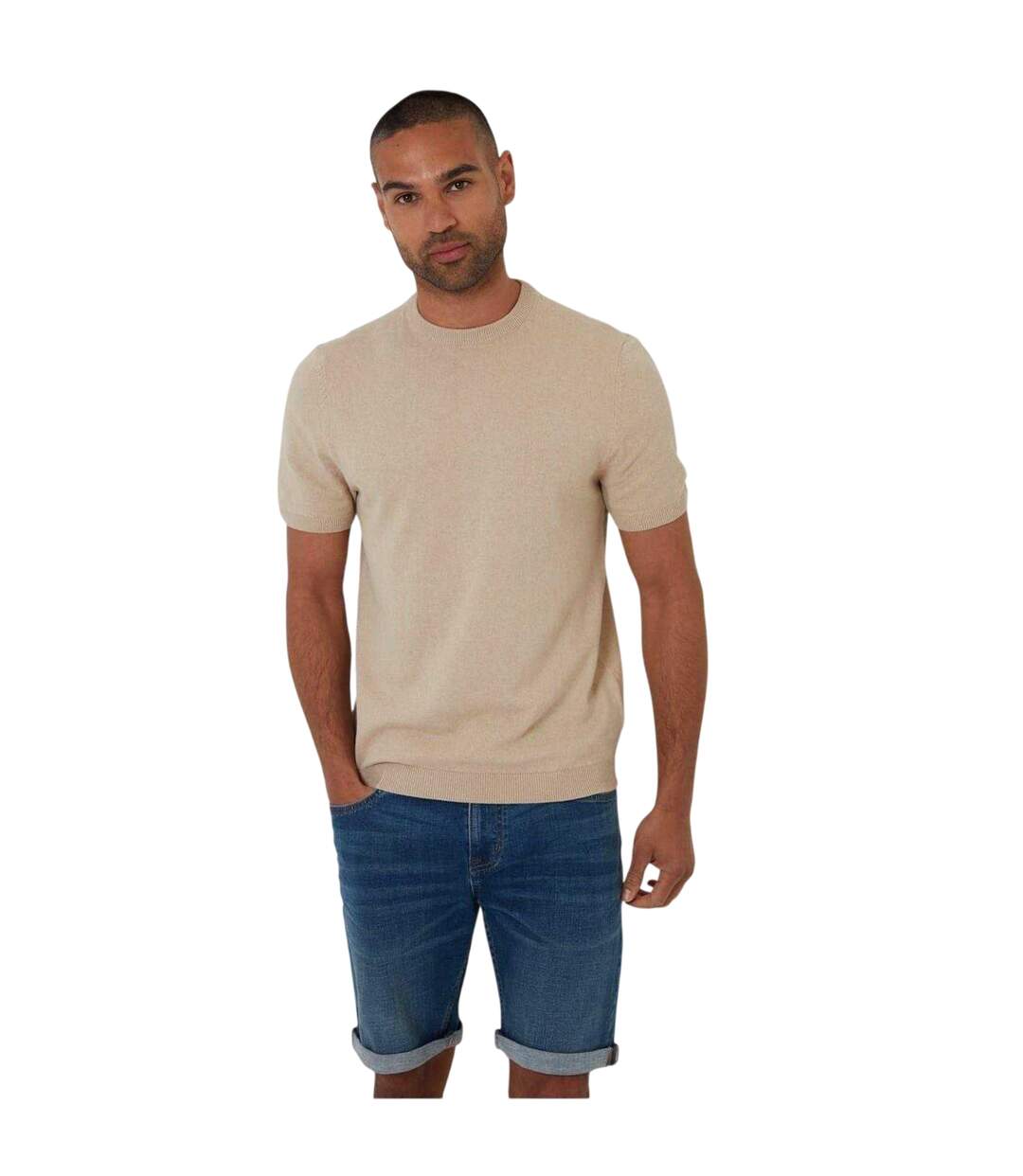 Mens Crew Neck Regular T-shirt Beige Threadbare-1