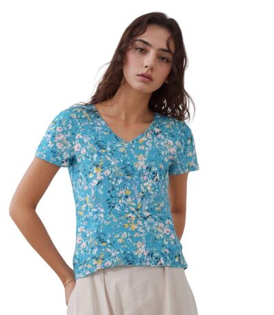 Tee-Shirt Femme Imprimé à  Manches Courtes Col V - Modèle Bleu SARAH JOHN