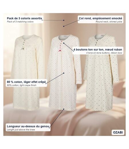 OZABI Chemise de Nuit Femme Pack de 3, Coton Manches Longues, Col Rond 4 Boutons