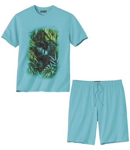 Men's Panther Print Pajama Short Set - Turquoise 