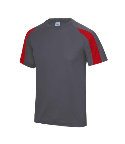 Just Cool Mens Contrast Cool Sports Plain T-Shirt (Charcoal/ Fire Red) - UTRW685