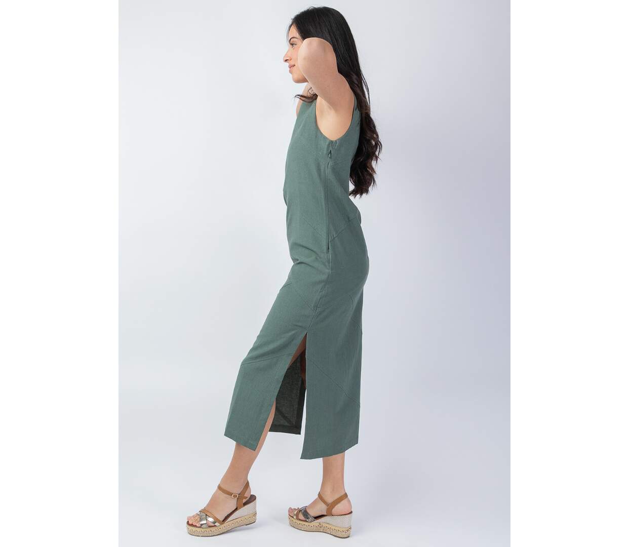 Robe longue encolure ronde CHARLINE unie kaki Coton Du Monde-3