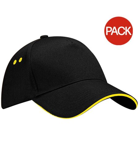 Beechfield Unisex Ultimate 5 Panel Contrast Baseball Cap With Sandwich Peak / Headwear (Pack of 2) (Black/Yellow) - UTRW6700