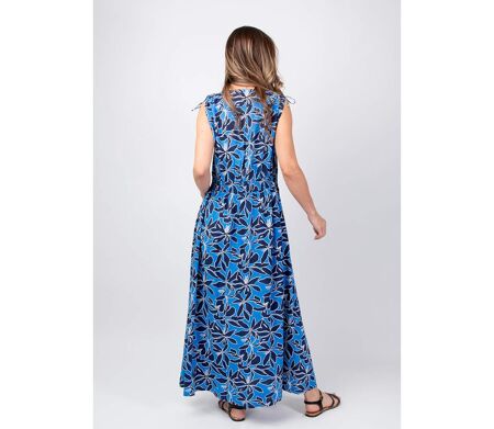 Robe longue larges bretelles froncées PALOMA imprimé bleu océan Coton Du Monde