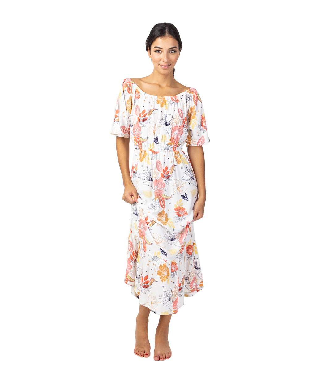 Robe longue chic DALIA col bardot imprimé fleuri blanc Coton Du Monde