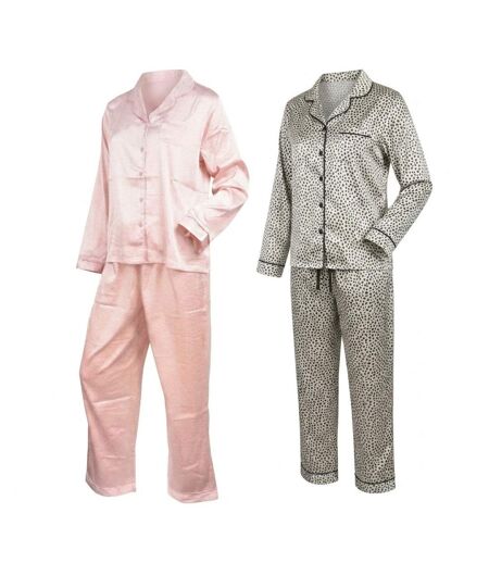 OZABI Pack 2 Pyjamas Femme Longs Satinés Imprimés, Col Chemise