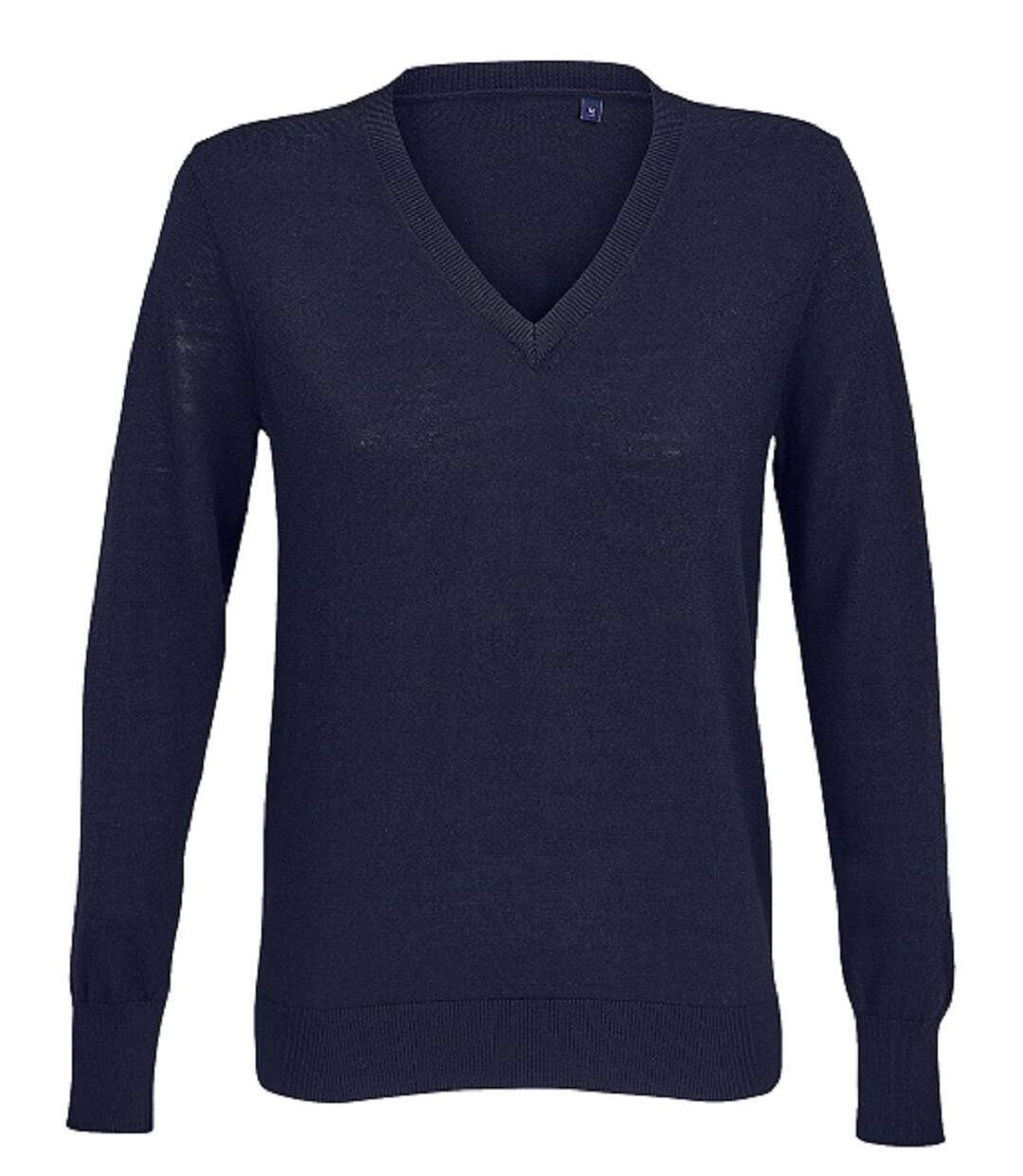 Pull laine merinos col V - Femme - 03988 - bleu nuit