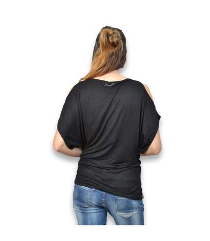 Tee shirt femme manches courtes motifs asymétriques couleur noire