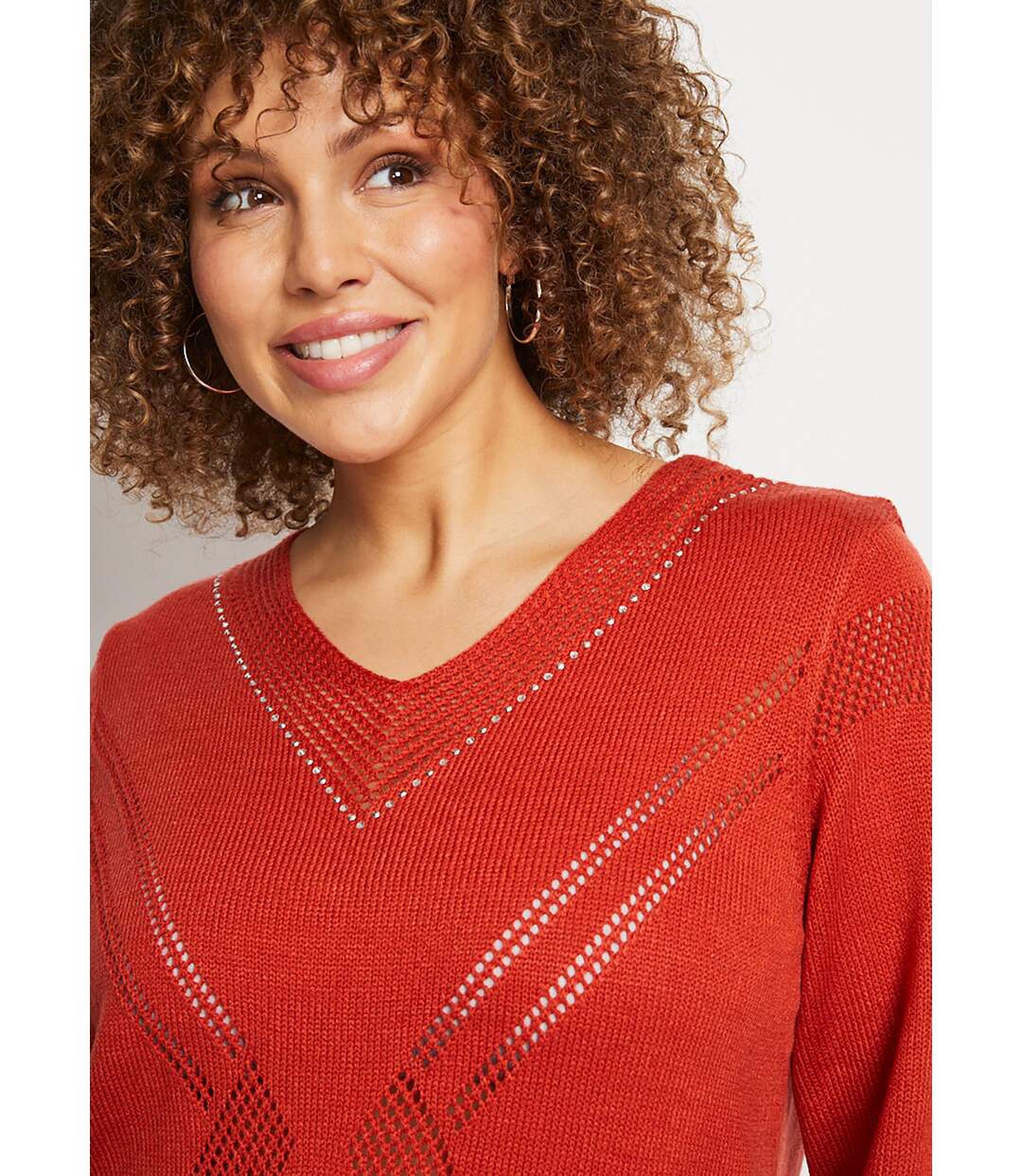 Pull bijou maille filet strass col V-5