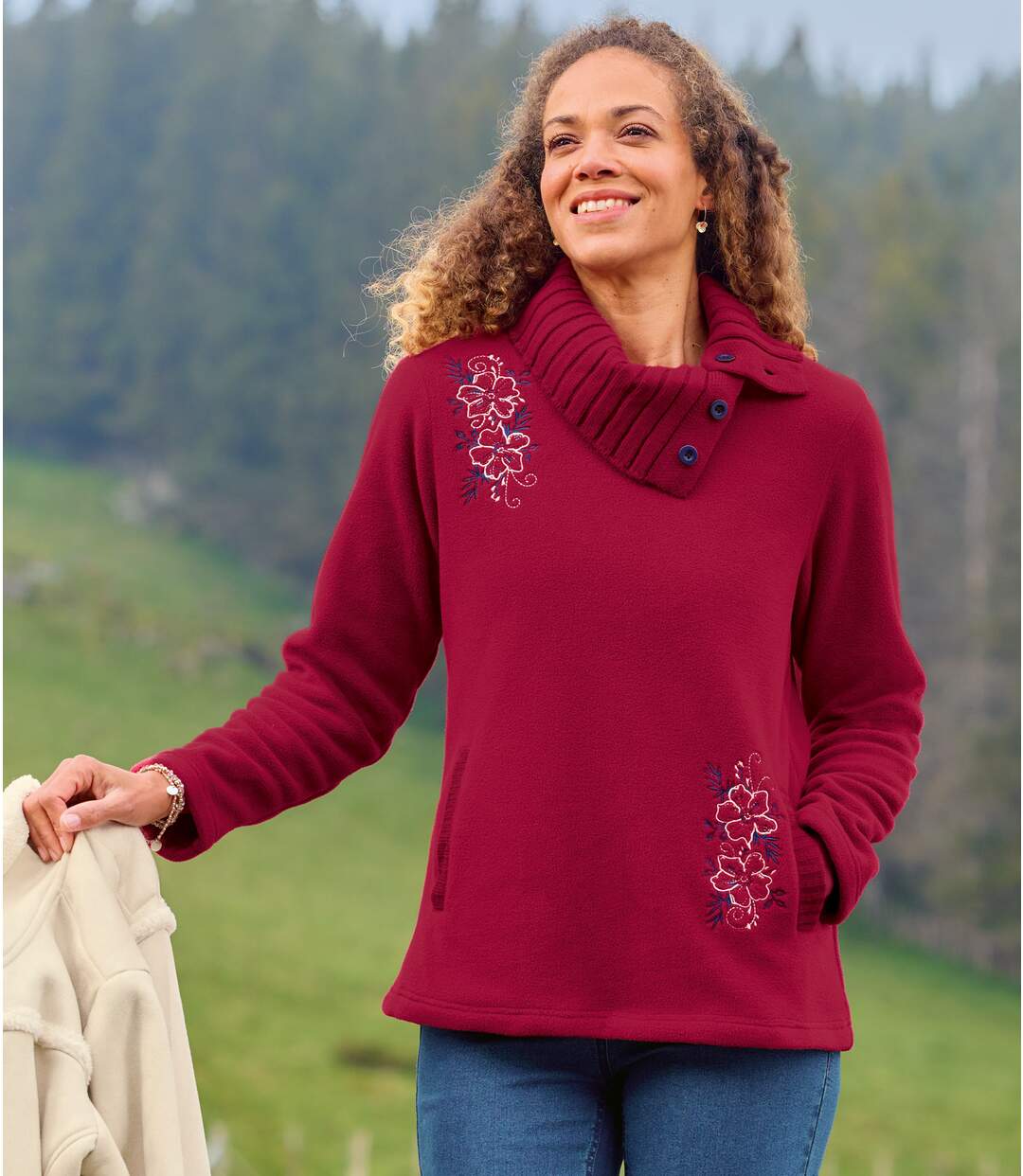 Women's Red Embroidered Fleece Jumper-1