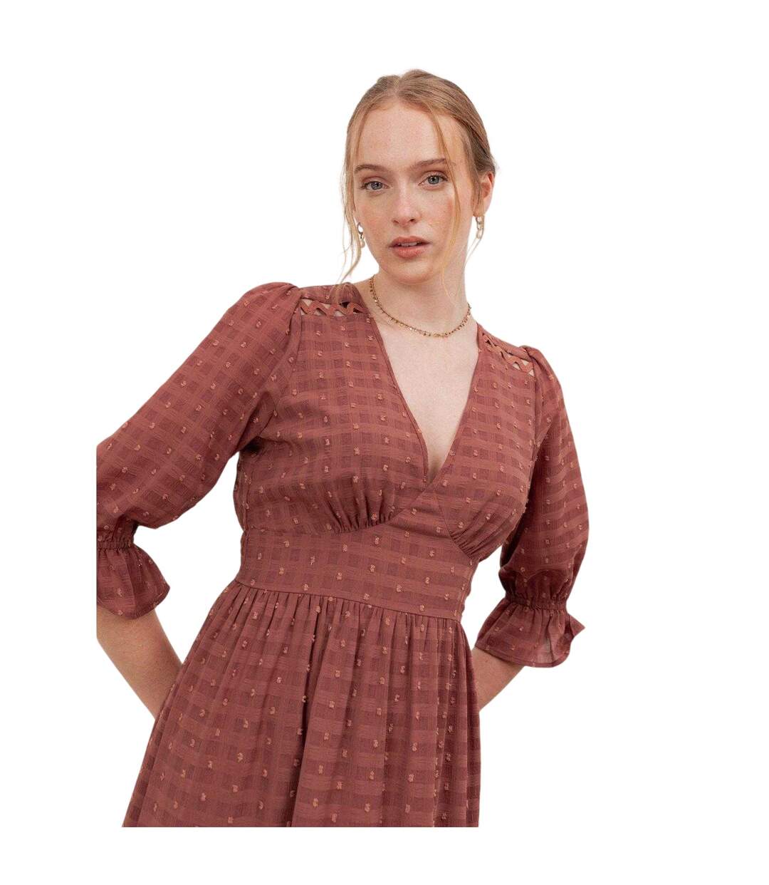 Robe Mi-longue Manches ¾ Motif/style À Carreaux Femme Terre Cuite Lovedrobe-3