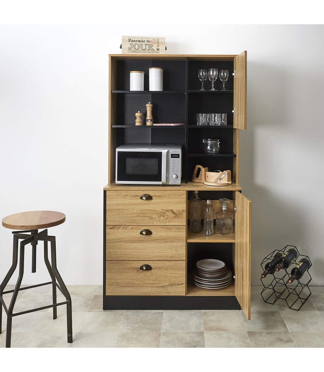 Buffet de cuisine - H.169cm - Effet Bois et Noir-4