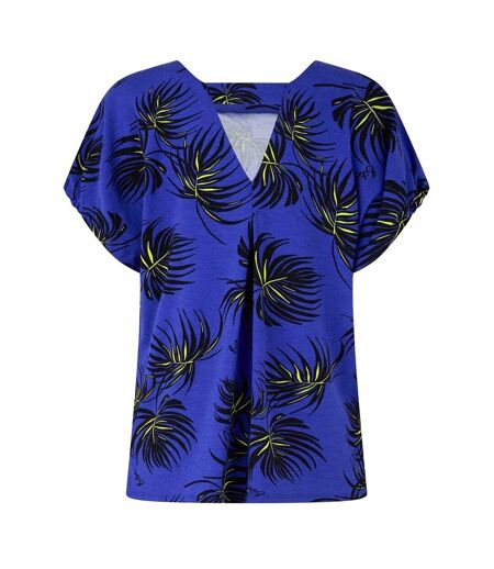 Womens/ladies Leaf Print Jersey V Neck Relaxed Fit Blouse Blue Biba
