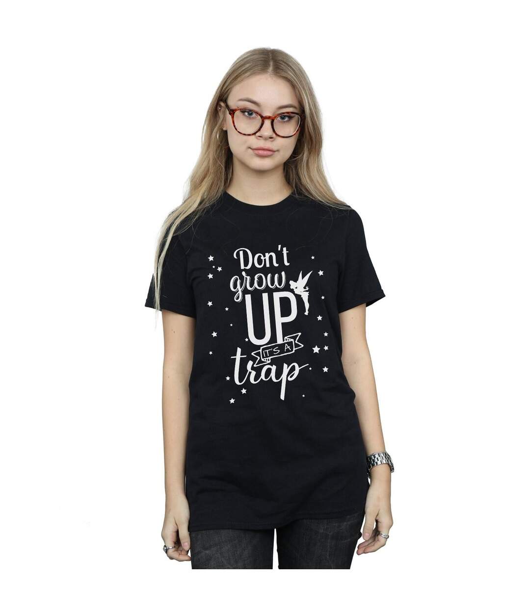 Disney Womens/Ladies Tinker Bell Don't Grow Up Cotton Boyfriend T-Shirt (Noir) - UTBI46446-2