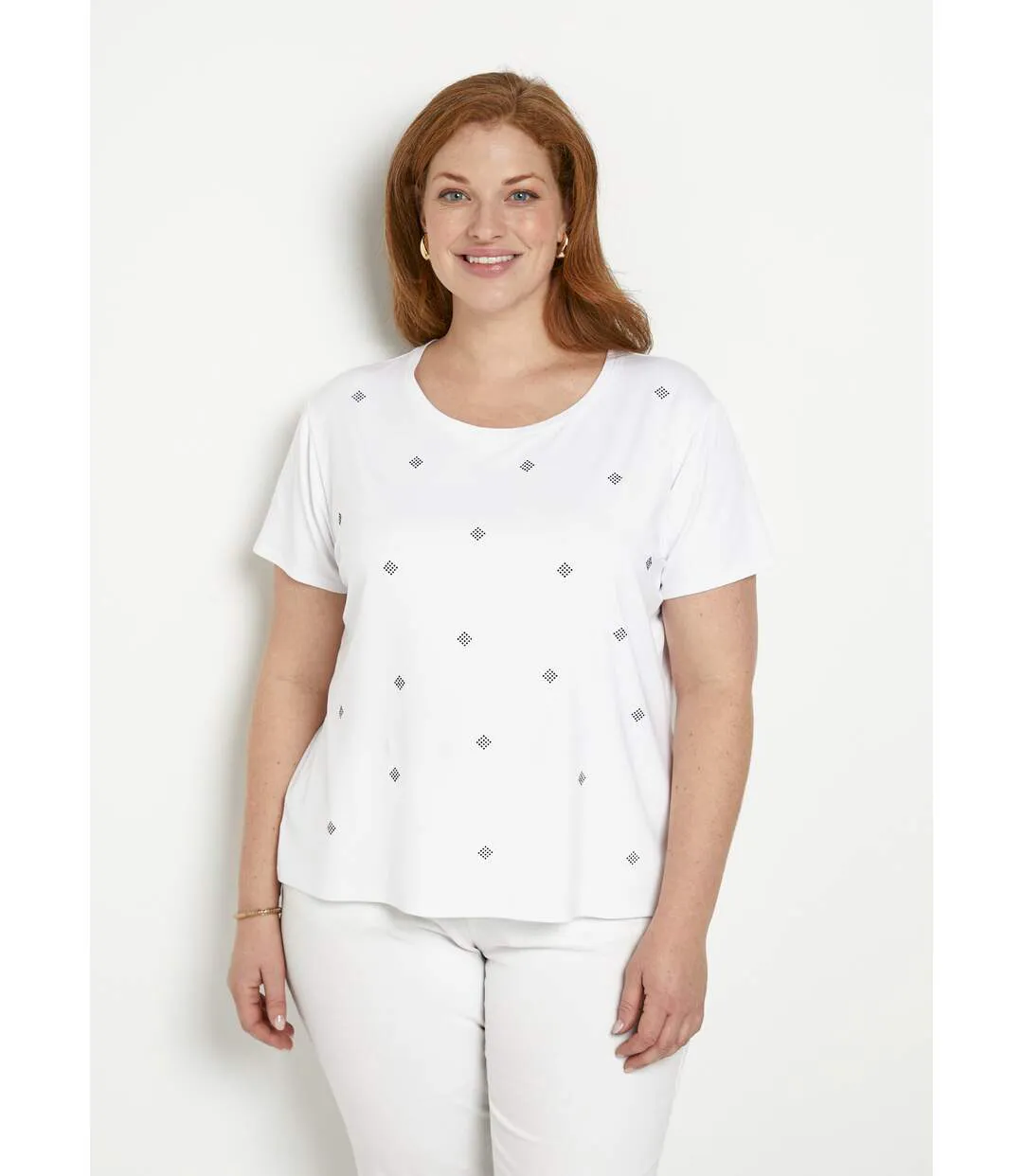 T-shirt uni strass col rond manches courtes-1