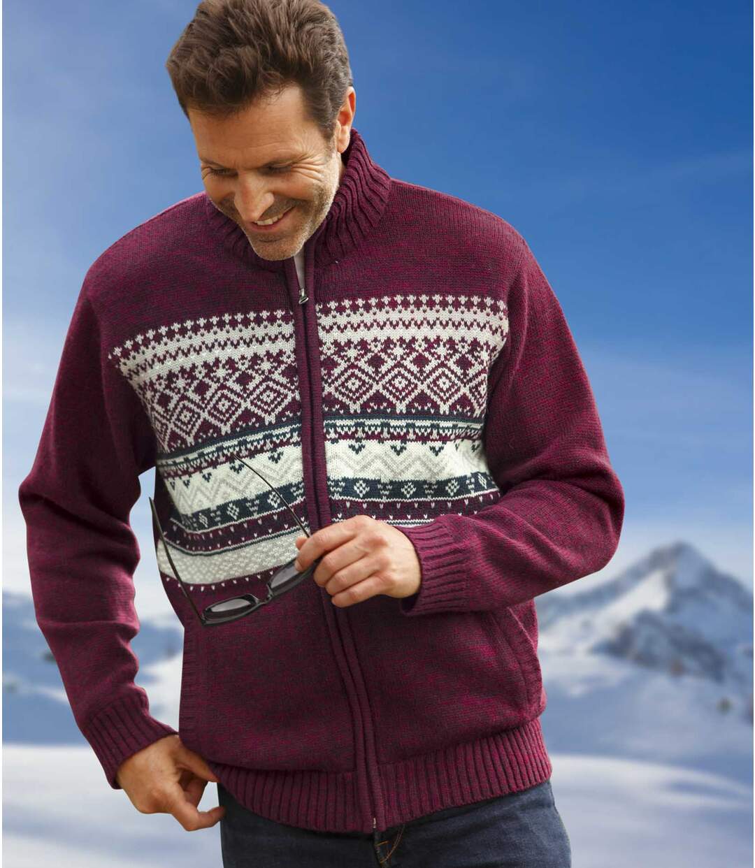 Men's Fleece-Lined Full Zip Knitted Patterned Jacket  Atlas For Men