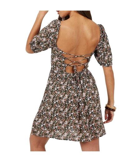 Womens/ladies Floral Square Neck Puff Sleeve Mini Dress Pink Multicoloured Brave Soul