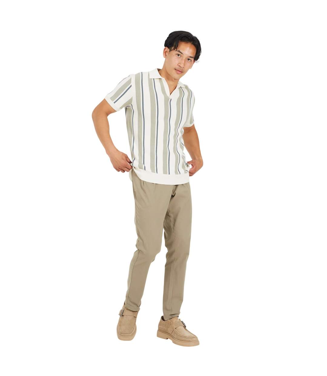 Polo Motif/style Rayé Homme Crème Gris Clair Vert Moyen Brave Soul-1