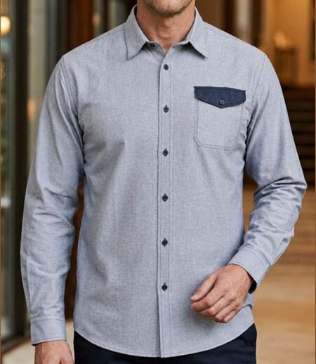 WINCHESTER TALISMAN1 — Chemise à carreaux manches longues bleu chambray : aisance naturelle en pur coton