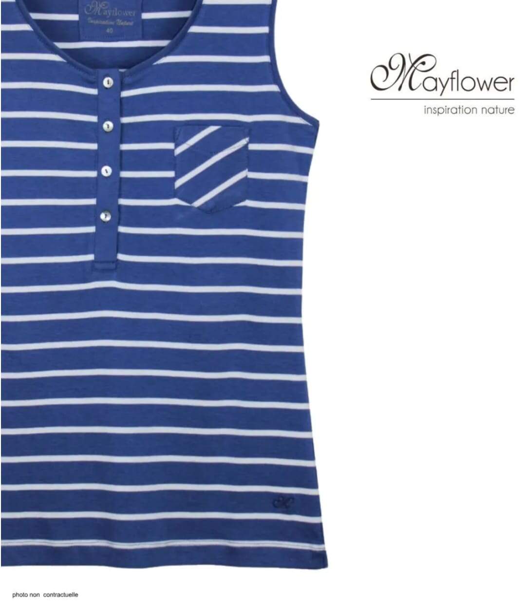 MAYFLOWER EPOQUE3I - Débardeur col boutonné bleu rayé blanc : le confort estival en pur coton-4