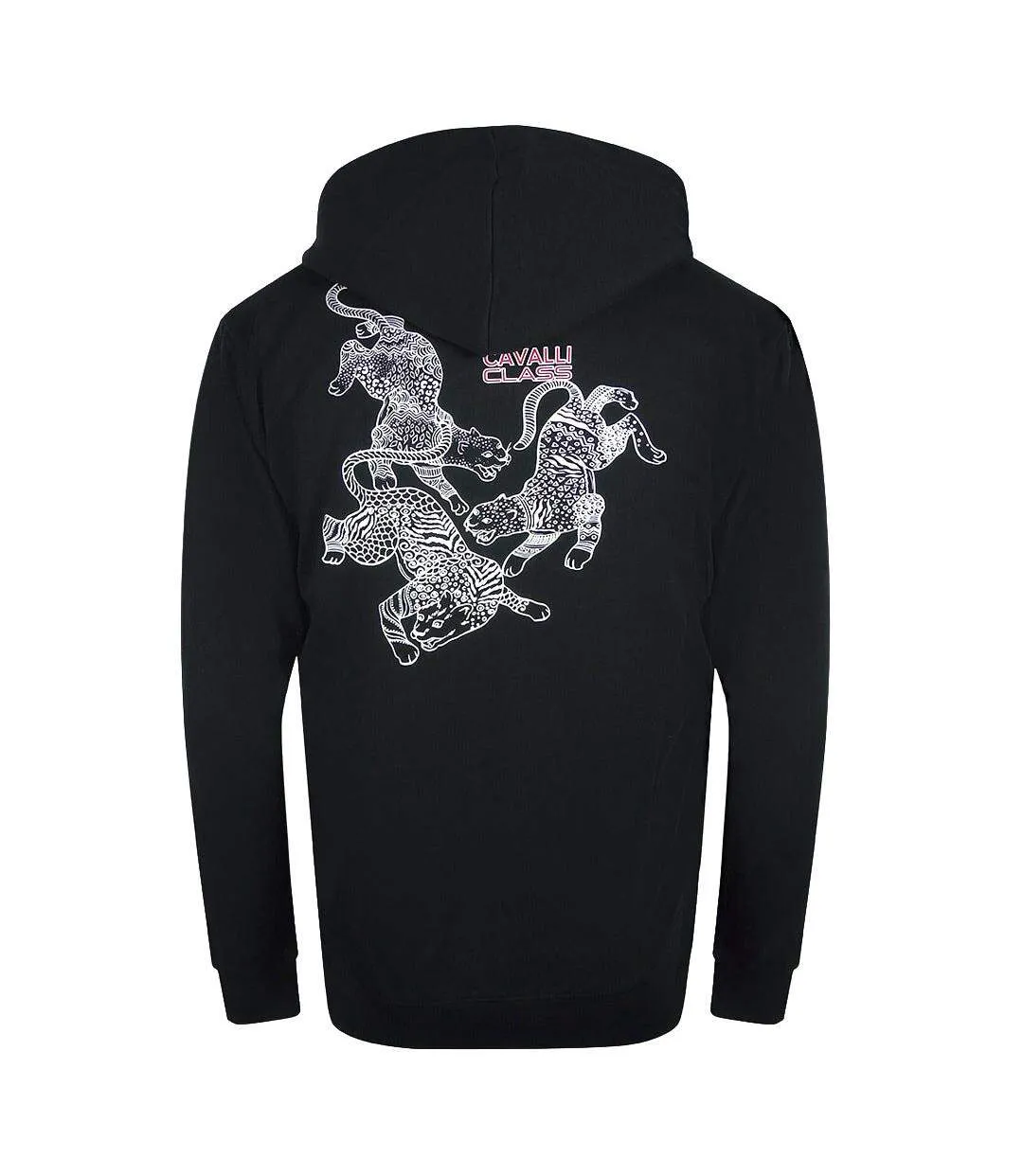 Mens Leopard Back Print Full Zip Hoodie Black Cavalli Class-2