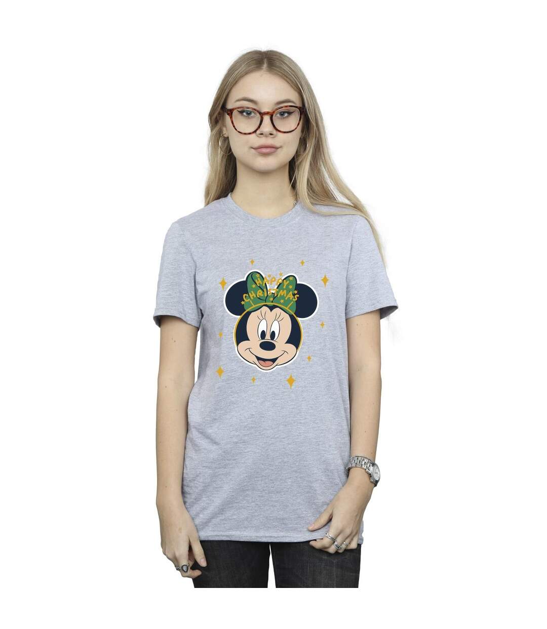 Disney Womens/Ladies Minnie Mouse Happy Christmas Cotton Boyfriend T-Shirt (Gris sportif) - UTBI39247-2