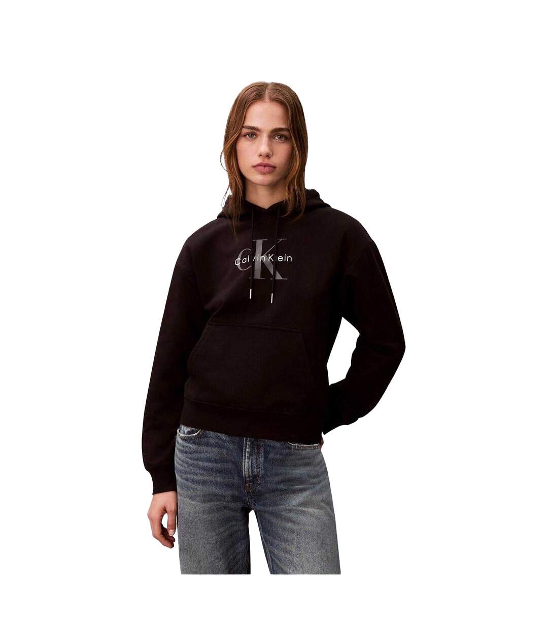 Womens/ladies Jeans Jersey Logo Hoodie Black Calvin Klein-1