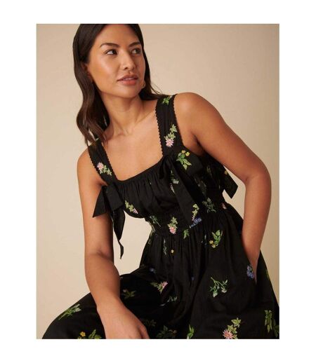 Robe Midi Smockée À Broderie Florale Femme Noir Nobody´s Child