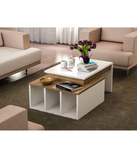 Table basse sur 2 niveaux avec 3 niches de rangement - Blanc et Marron