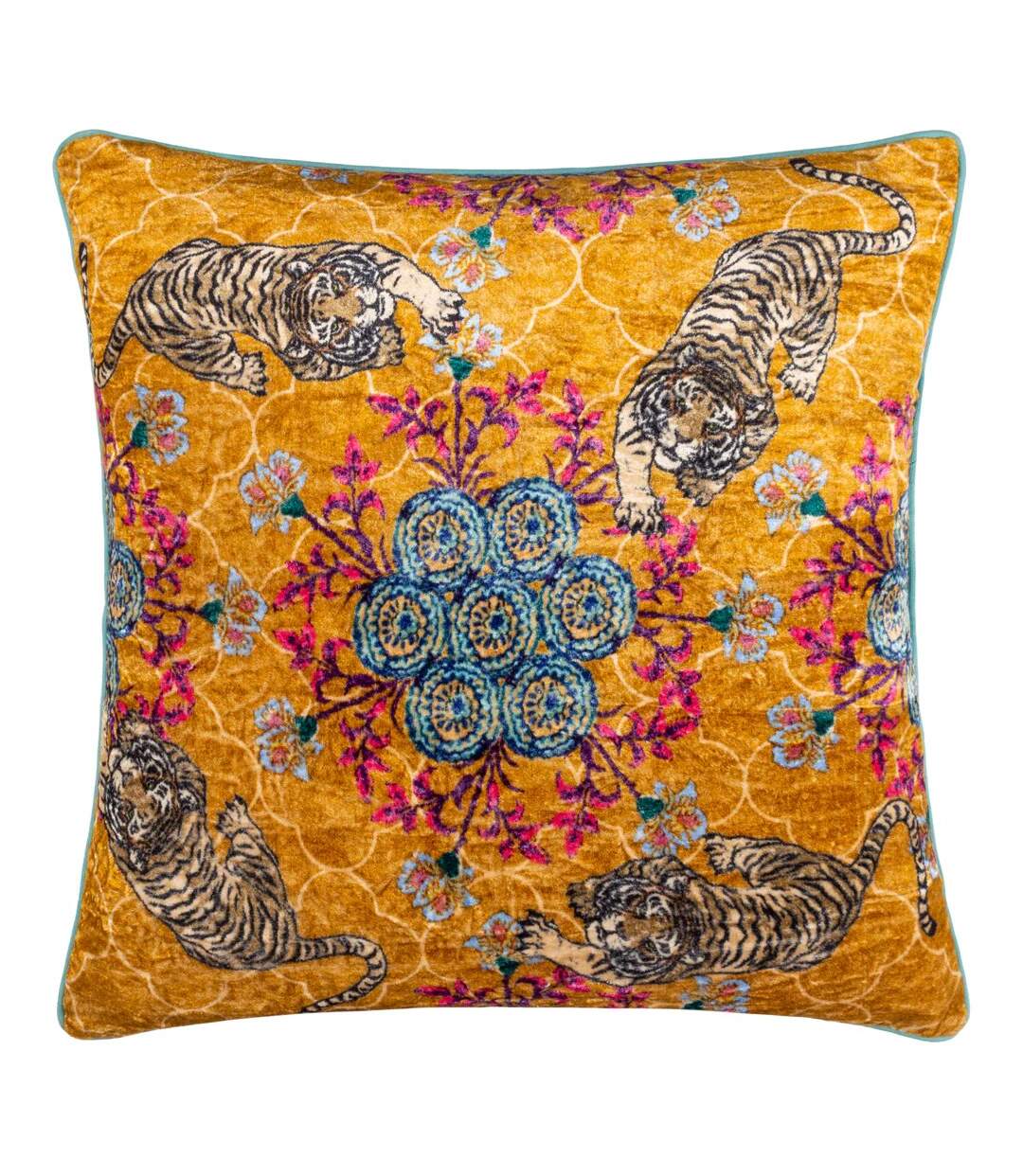 Tropics tigerscope piped velvet cushion cover 50cm x 50cm gold Wylder