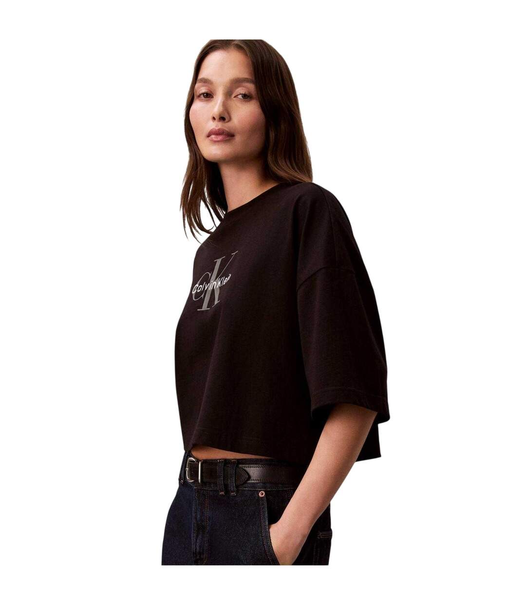 Womens/ladies Oversized Crop T-shirt Black Calvin Klein-4
