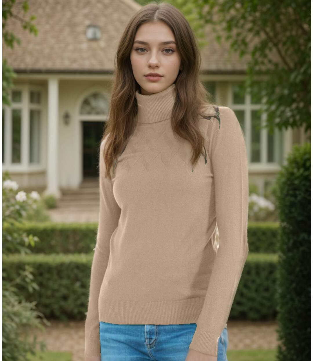 Pull femme manches longues - Col roulé - Couleur beige-4