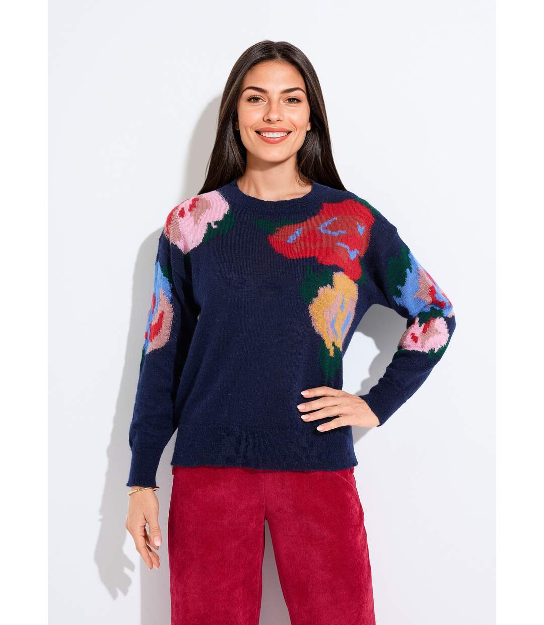Pull col rond avec mohair jacquard fleuri-1