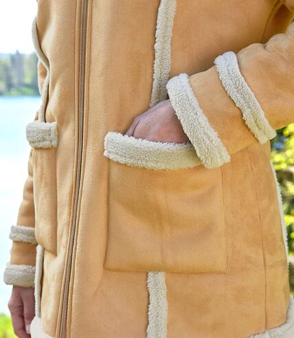 Women's Camel Sherpa-Lined Faux-Suede Coat