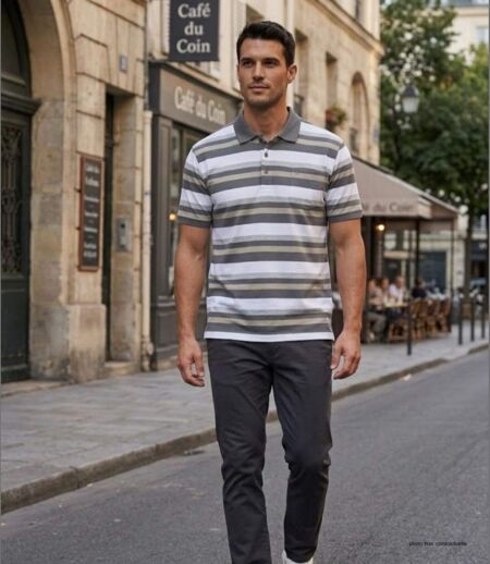 CHALLENGER RALPH3 : Polo manches courtes à rayures en coton beige pour homme