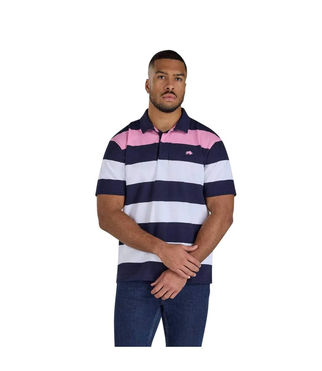 Mens Irregular Stripe Jersey Rugby Polo Shirt Navy White Pink Raging Bull-2