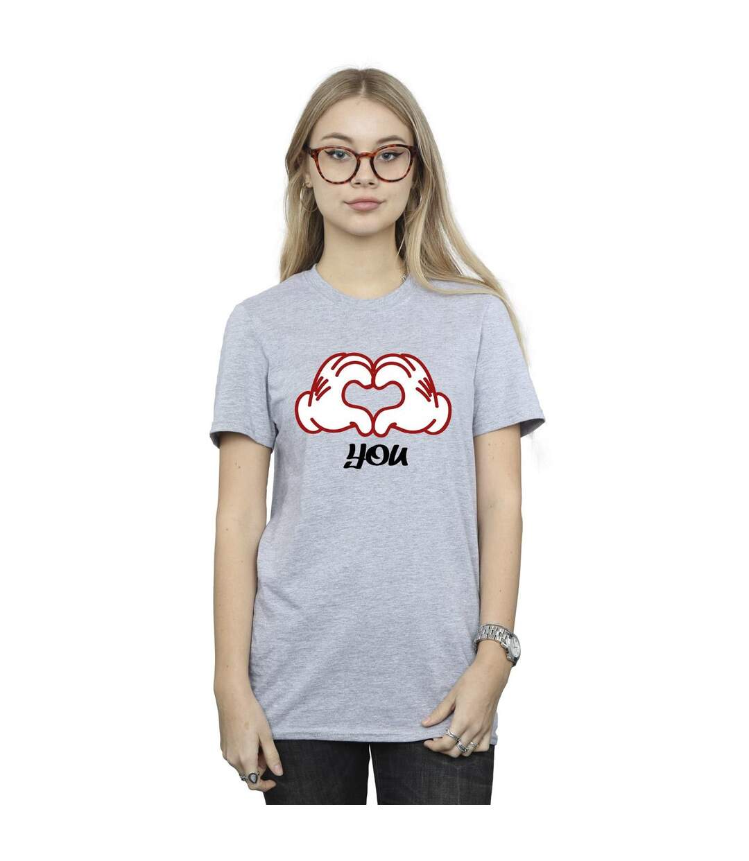 Disney Femme/Ladies - Mickey Mouse Love You Hands - T-shirt boyfriend en coton (Gris sportif) - UTBI38839-2