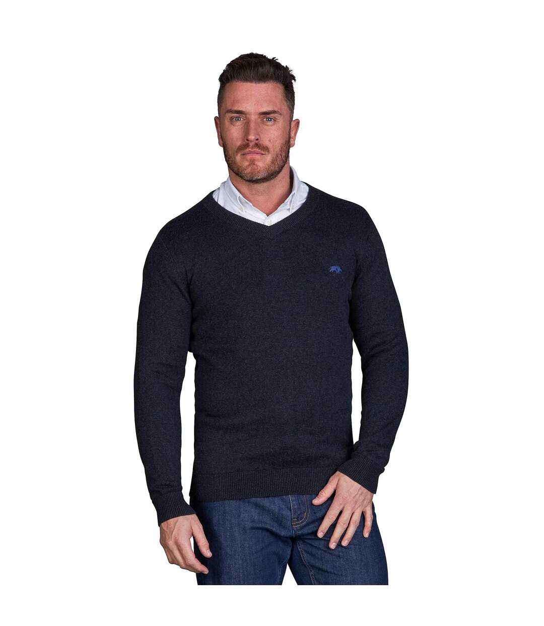 Mens Classic Knitted Cashmere Blend V Neck Jumper Black Raging Bull-1