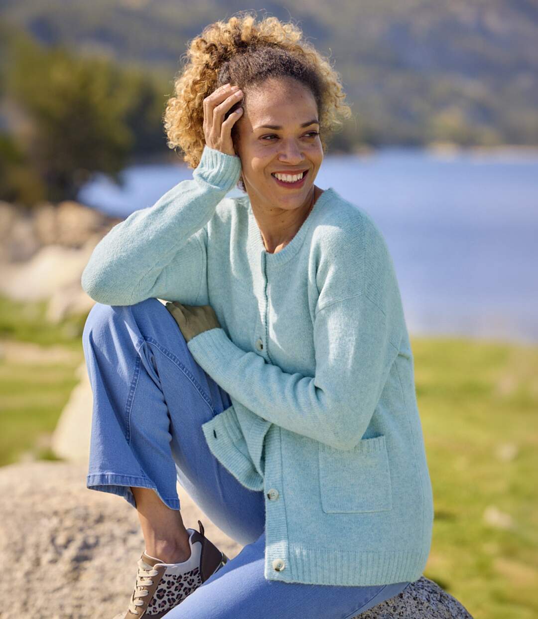 Le Gilet Tricot Col Rond Bleu Ciel-2