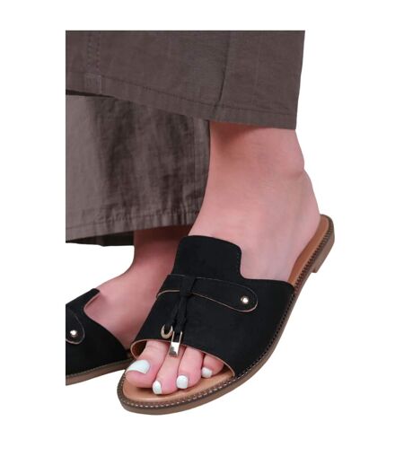 Womens/ladies sandra fringe flat sliders black Where´s That From