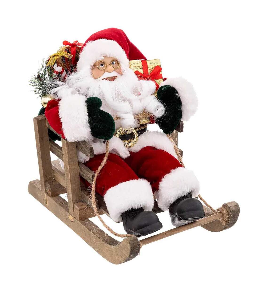 Père Noël sur Luge Déco Velours 26cm Rouge-1