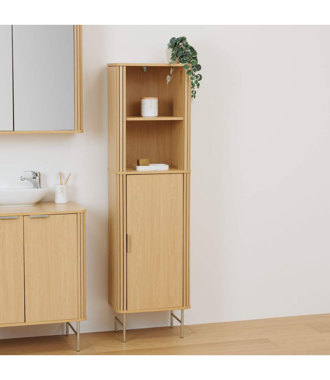 Colonne 1 porte et 2 niches effet bois clair LIORA - Beige-4