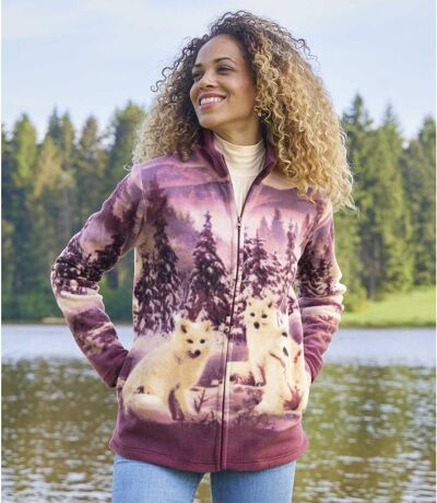 Women's Purple Wolf Print Fleece Jacket 