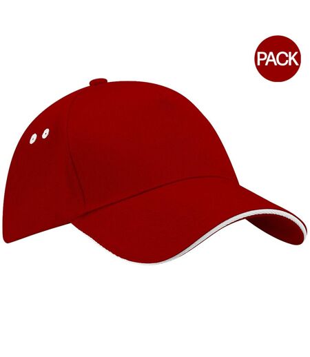 Beechfield Unisex Ultimate 5 Panel Contrast Baseball Cap With Sandwich Peak / Headwear (Pack of 2) (Classic Red/White) - UTRW6700