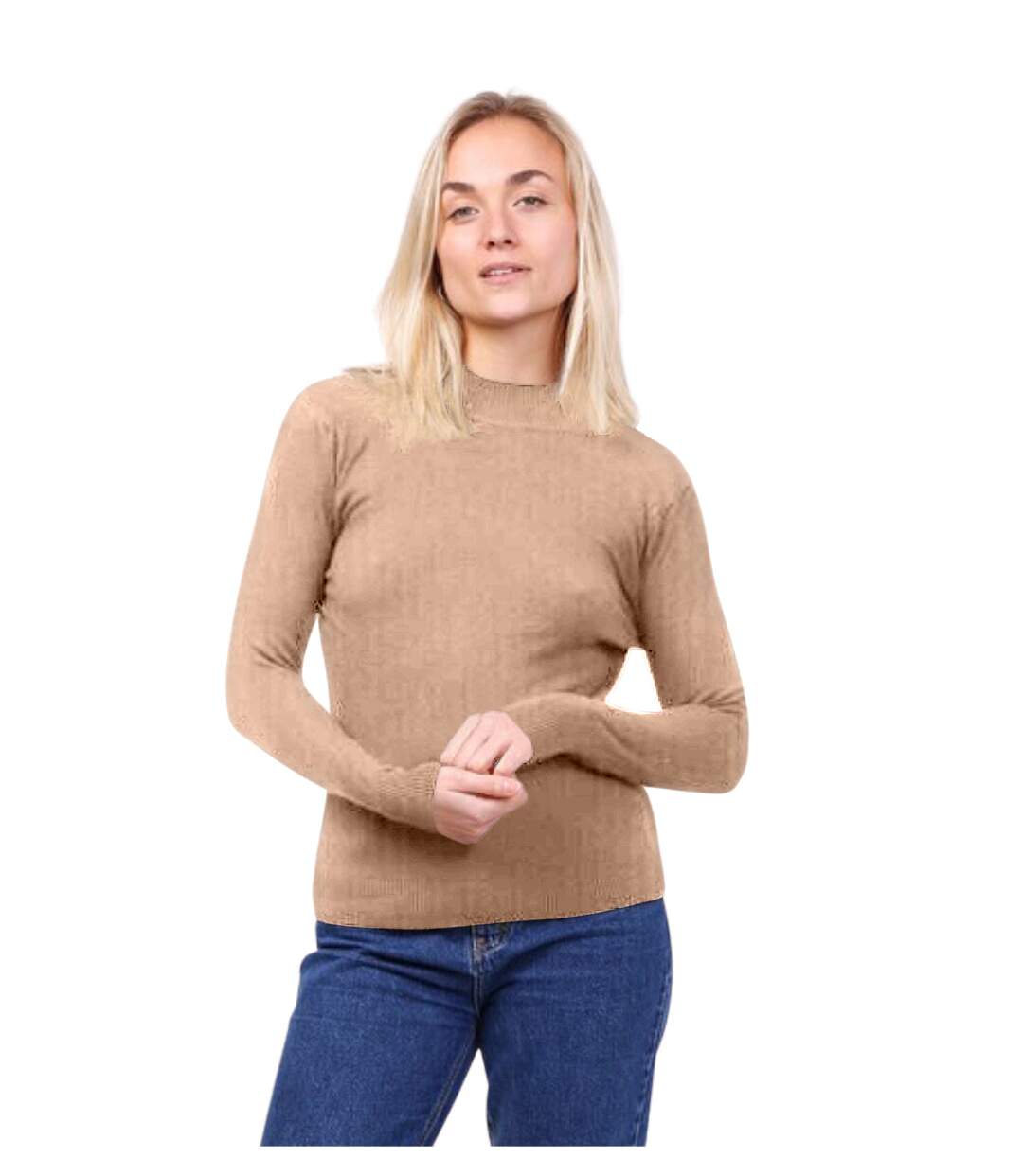 Pull femme manches longues - Col montant couleur beige