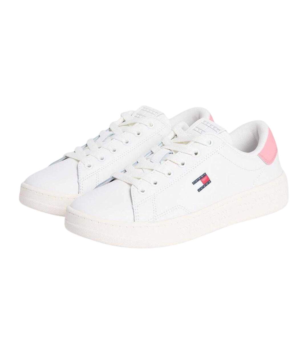 Womens/ladies Script Leather Trainers Ecru Pink Tommy Jeans-4