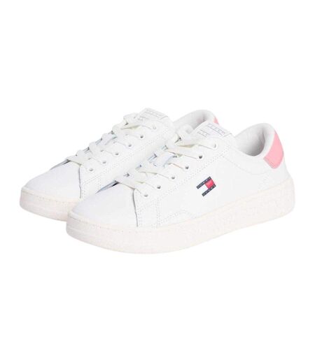 Womens/ladies Script Leather Trainers Ecru Pink Tommy Jeans