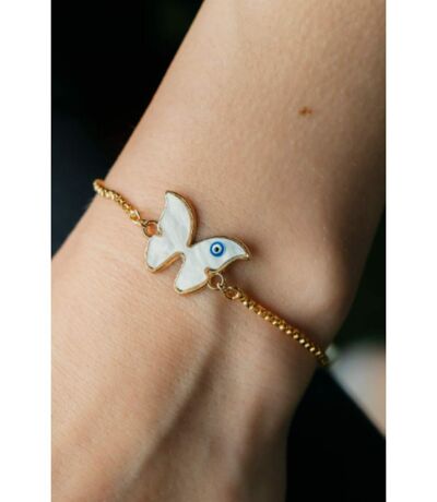 Adjustable Butterfly Evil Eye White Enamel Dainty Protection Bracelet