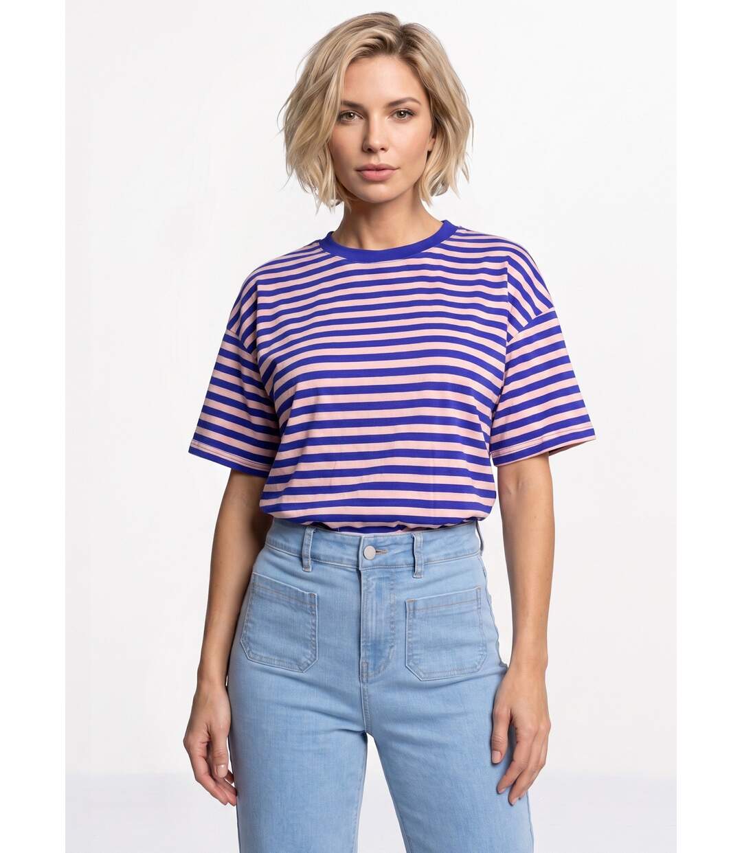 T-shirt col rond, rayures contrastées-1