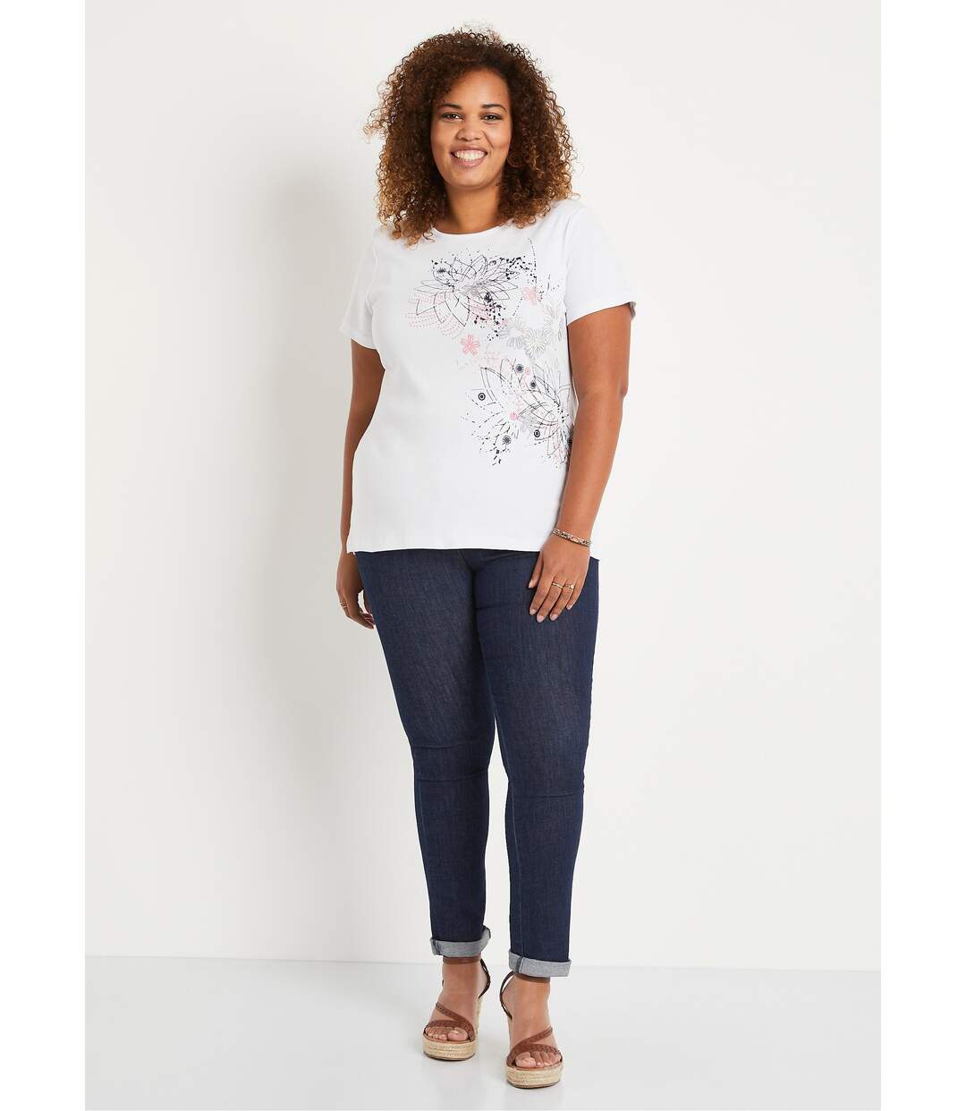 T-shirt long motif fleuri fentes côtés-3